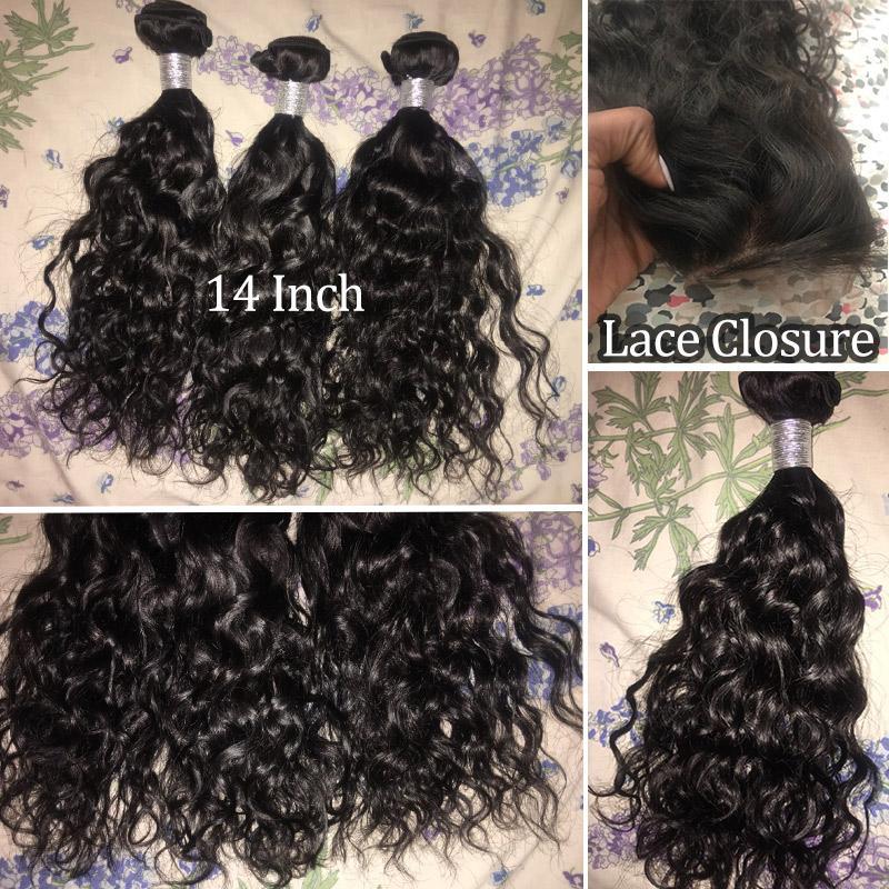 10A Wet And Wavy Virgin Brazilian Hair 3 Bundles Water Wave With Lace Closure 100 Human Hair Weave 14 inch