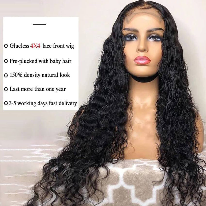 4x4 Lace Closure Wig Virgin Hair Density 150% 1B Natural Brown 22in Water Wave Meuuriay 22 Inch Water Wave Lace Front Human Hair Wig - Wet  main image 4