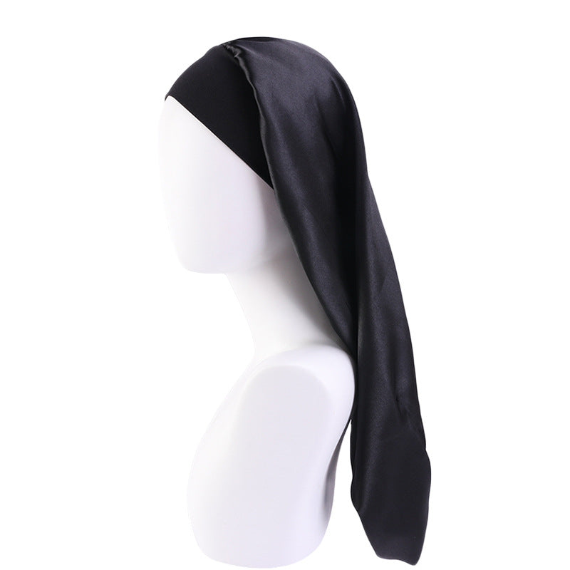 Fashion Women Sleep Hair Cap Long Elastic Wide Edge Satin Bonnet Wrap Night Cap 3pcs black color
