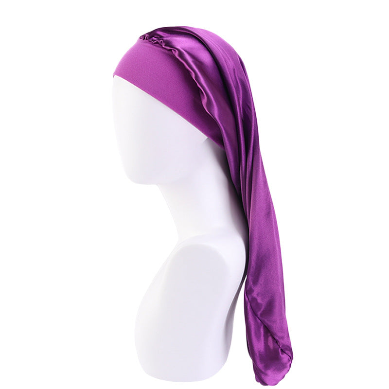 Fashion Women Sleep Hair Cap Long Elastic Wide Edge Satin Bonnet Wrap Night Cap 3pcs purple color