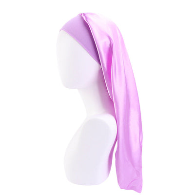 Fashion Women Sleep Hair Cap Long Elastic Wide Edge Satin Bonnet Wrap Night Cap 3pcs light purple color