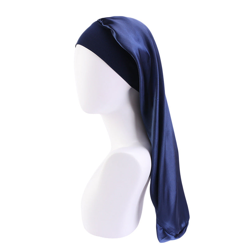 Fashion Women Sleep Hair Cap Long Elastic Wide Edge Satin Bonnet Wrap Night Cap 3pcs navy blue color