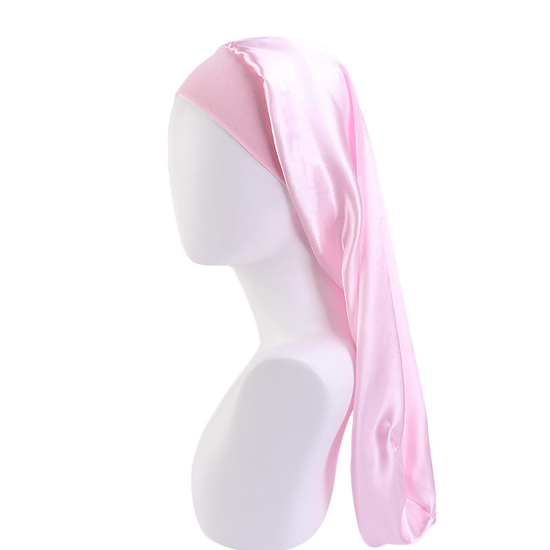 Fashion Women Sleep Hair Cap Long Elastic Wide Edge Satin Bonnet Wrap Night Cap 3pcs pink color