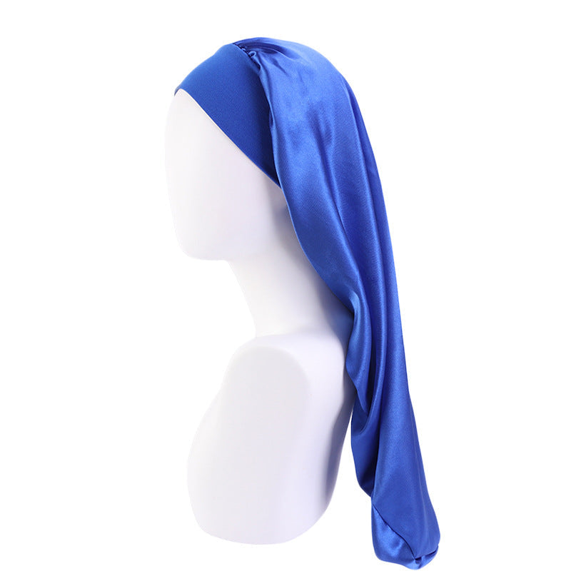 Fashion Women Sleep Hair Cap Long Elastic Wide Edge Satin Bonnet Wrap Night Cap 3pcs royal blue color