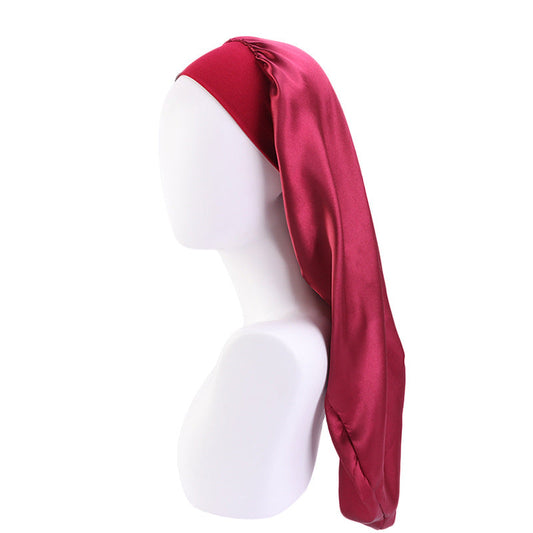 Fashion Women Sleep Hair Cap Long Elastic Wide Edge Satin Bonnet Wrap Night Cap 3pcs red color