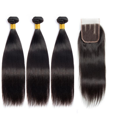 Modern Show Brazilian Straight Human Hair 3 Bundles With 4x4 Lace Closure